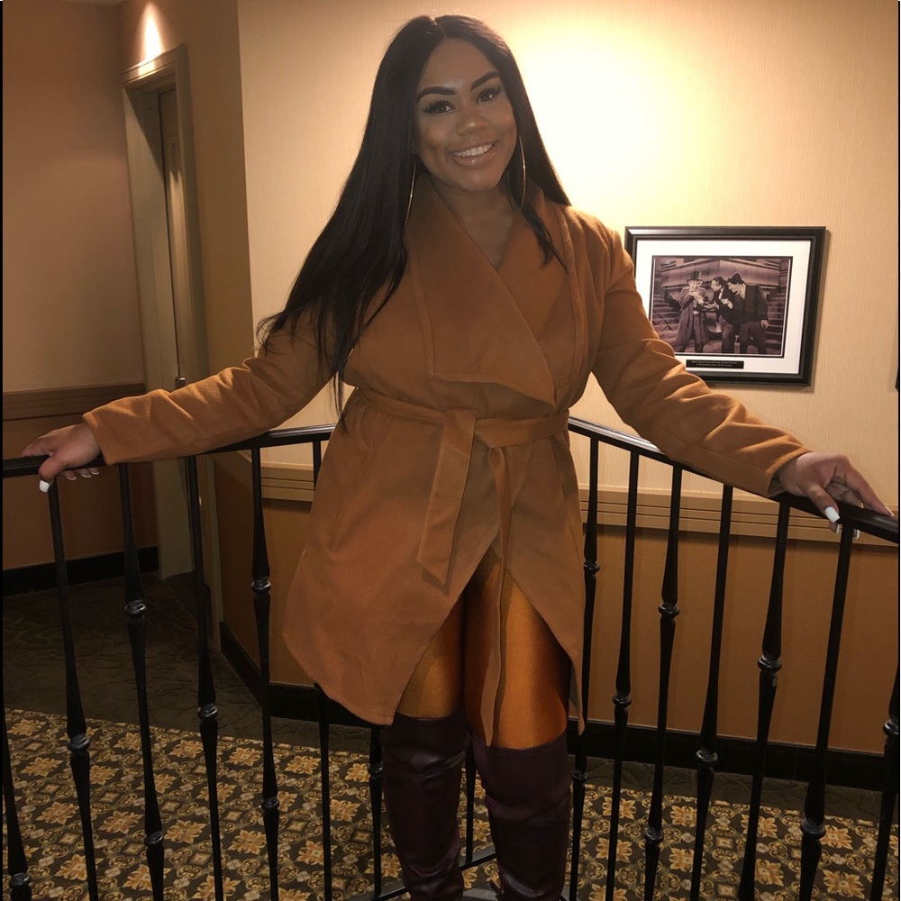 Cognac trench coat.